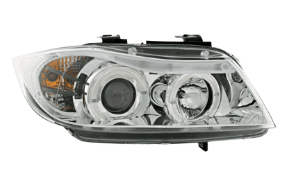 BMW 3-series E90 E91 Chrome Angel Eyes LED Headlight Set by K2 Industries, showing sleek headlights with chrome accents and LED rings.