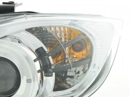 BMW 3-series E90 E91 chrome angel eyes LED headlight set by K2 Industries, for 2005-2012 models, showing headlights with chrome accents.