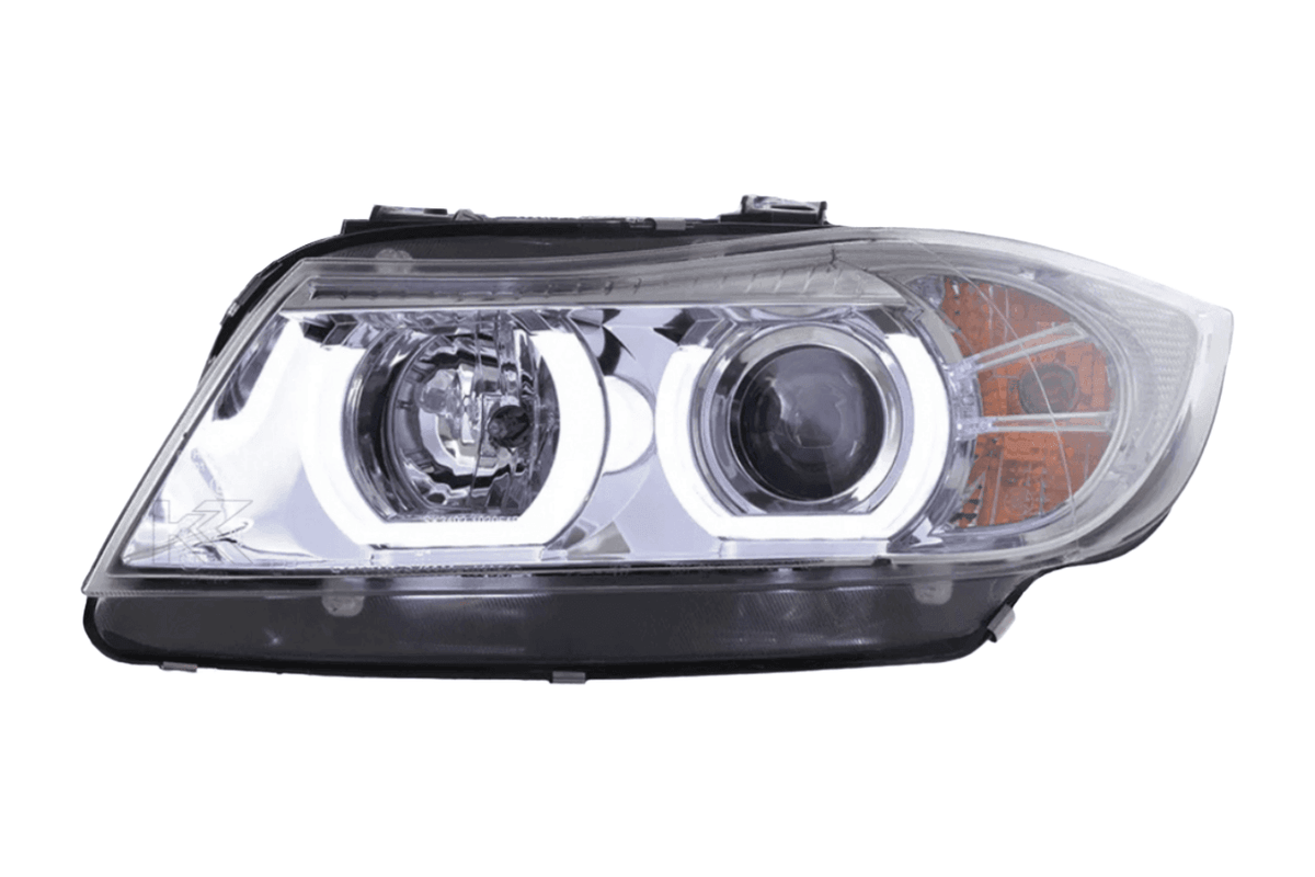 BMW 3 Series E90/E91 chrome LED U-bar headlights by K2 Industries for 2005-2012 model, showing front view with chrome finish and LED U-bars.