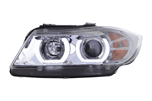 BMW 3 Series E90/E91 chrome LED U-bar headlights by K2 Industries for 2005-2012 model, showing front view with chrome finish and LED U-bars.