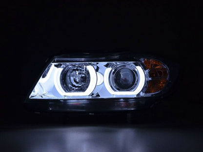 BMW 3 Series E90/E91 chrome LED U Bar headlights by K2 Industries, 2005-2012, showing sleek design and bright LED illumination.
