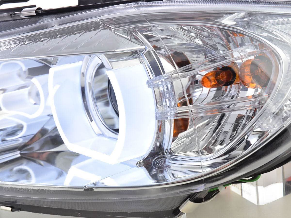 BMW 3 Series E90/E91 chrome LED U-bar headlights by K2 Industries, for models 2005-2012, featuring modern LED lighting design.