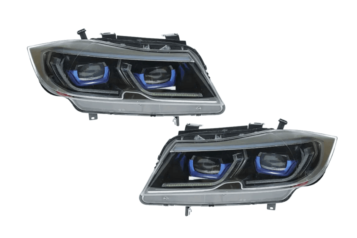 BMW 3-Series E90 modern style headlights by K2 Industries, for 2005-2012 model, featuring sleek design and clear lens.