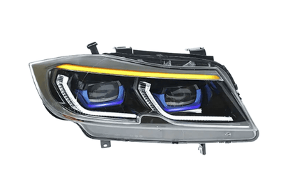BMW 3-Series E90 modern style headlights by K2 Industries, 2005-2012, showing sleek headlight design and clear lens.