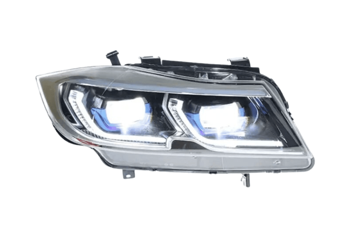BMW 3-Series E90 modern style headlights by K2 Industries, 2005-2012, showing sleek headlight design with clear lenses and chrome accents.