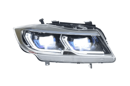 BMW 3-Series E90 modern style headlights by K2 Industries, 2005-2012, showing sleek headlight design with clear lenses and chrome accents.