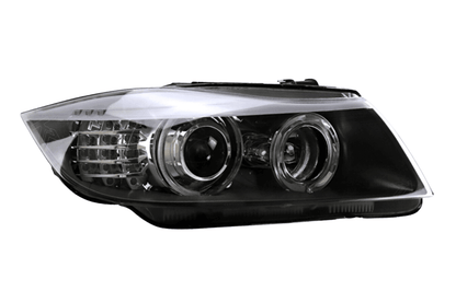 BMW 3 Series E90 OE style headlights by K2 Industries, clear lens with integrated turn signals for 2005-2012 models.