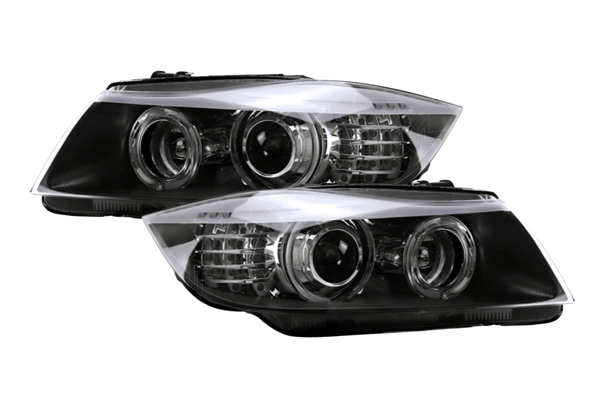 BMW 3 Series E90 OE style headlights by K2 Industries, 2005-2012, showing the clear lenses and modern headlight design.