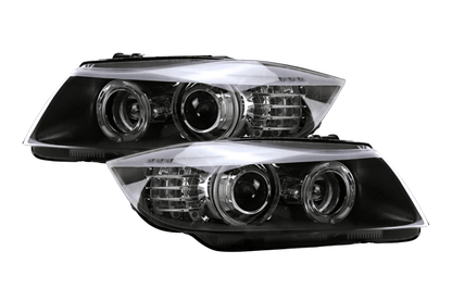 BMW 3 Series E90 OE style headlights by K2 Industries, 2005-2012, showing the clear lenses and modern headlight design.