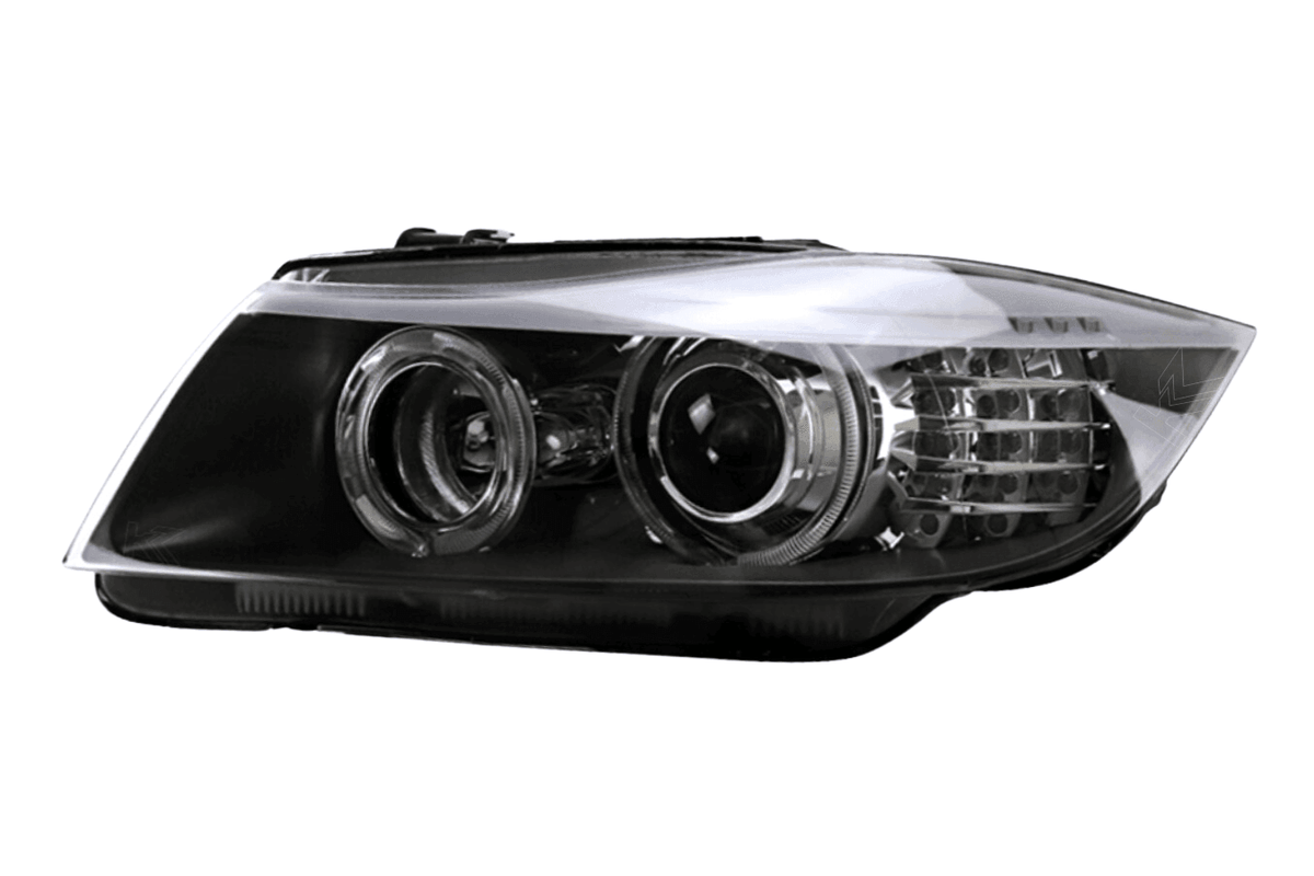 BMW 3 Series E90 headlights by K2 Industries, OE style, for models 2005-2012, showing front view with clear lenses and modern design.