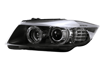 BMW 3 Series E90 headlights by K2 Industries, OE style, for models 2005-2012, showing front view with clear lenses and modern design.