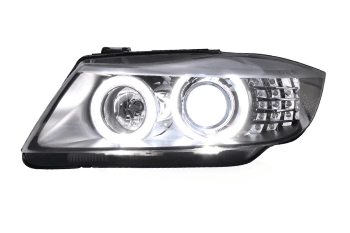 BMW 3 Series E90 OE style headlights by K2 Industries, 2005-2012, showing the front view with clear lens and modern design.