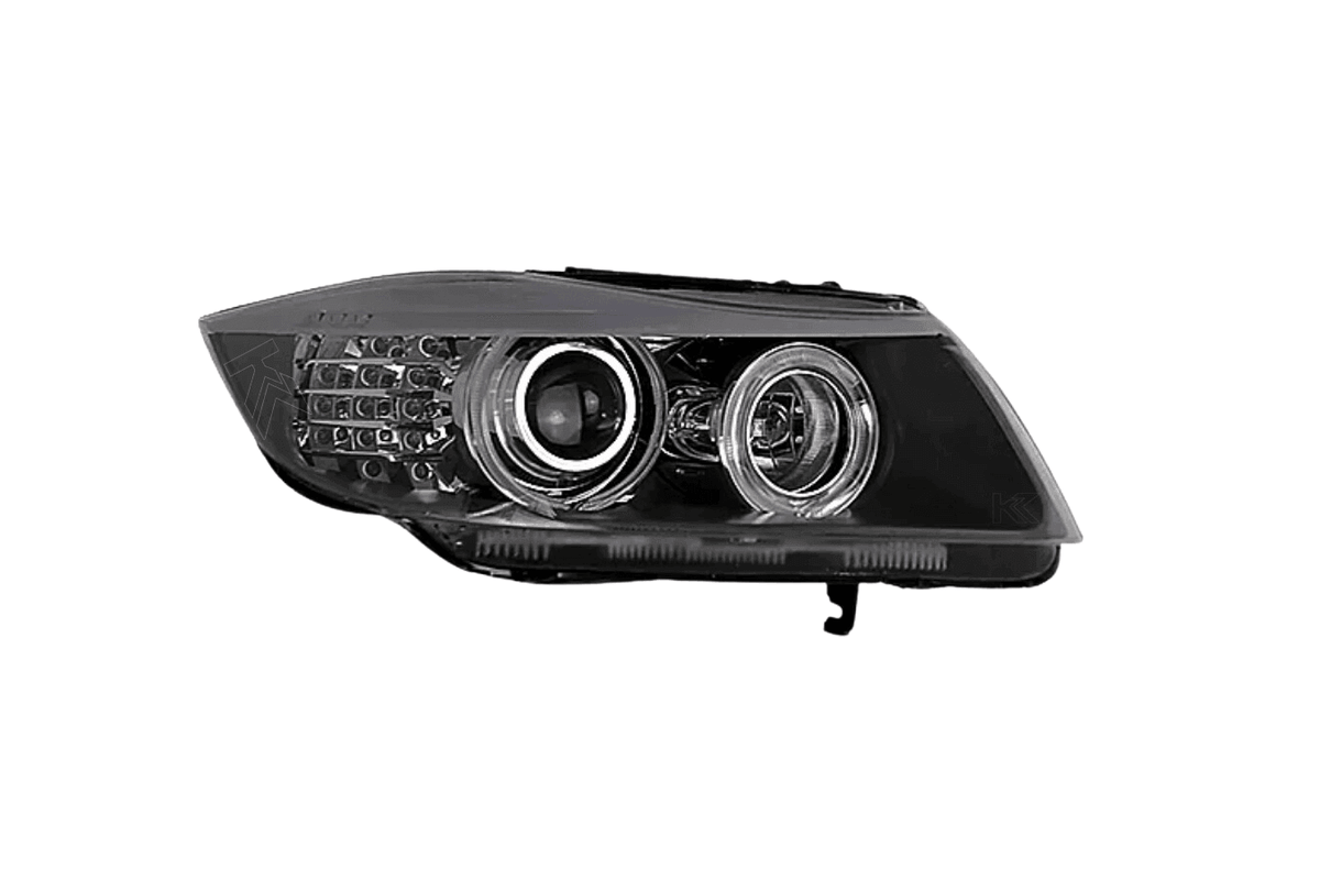 BMW 3 Series E90 OE style headlights by K2 Industries, 2005-2012, showing the sleek headlight design with clear lenses and integrated reflectors.