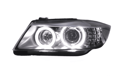 BMW 3 Series E90 OE style headlights by K2 Industries, designed for models from 2005 to 2012, featuring clear lens and modern design.
