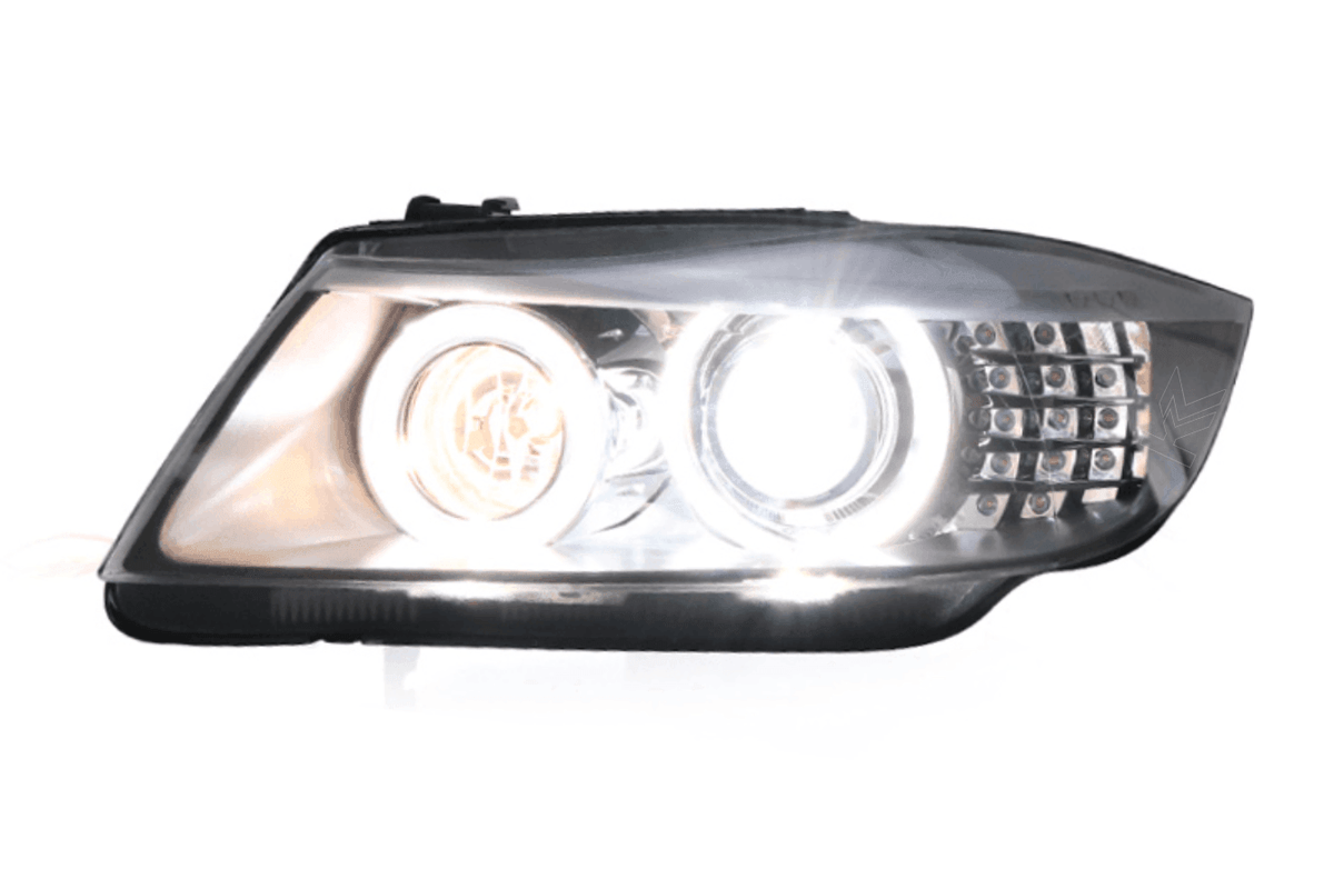 Pair of BMW 3 Series E90 OE style headlights by K2 Industries for 2005-2012 models with clear lenses and modern design.