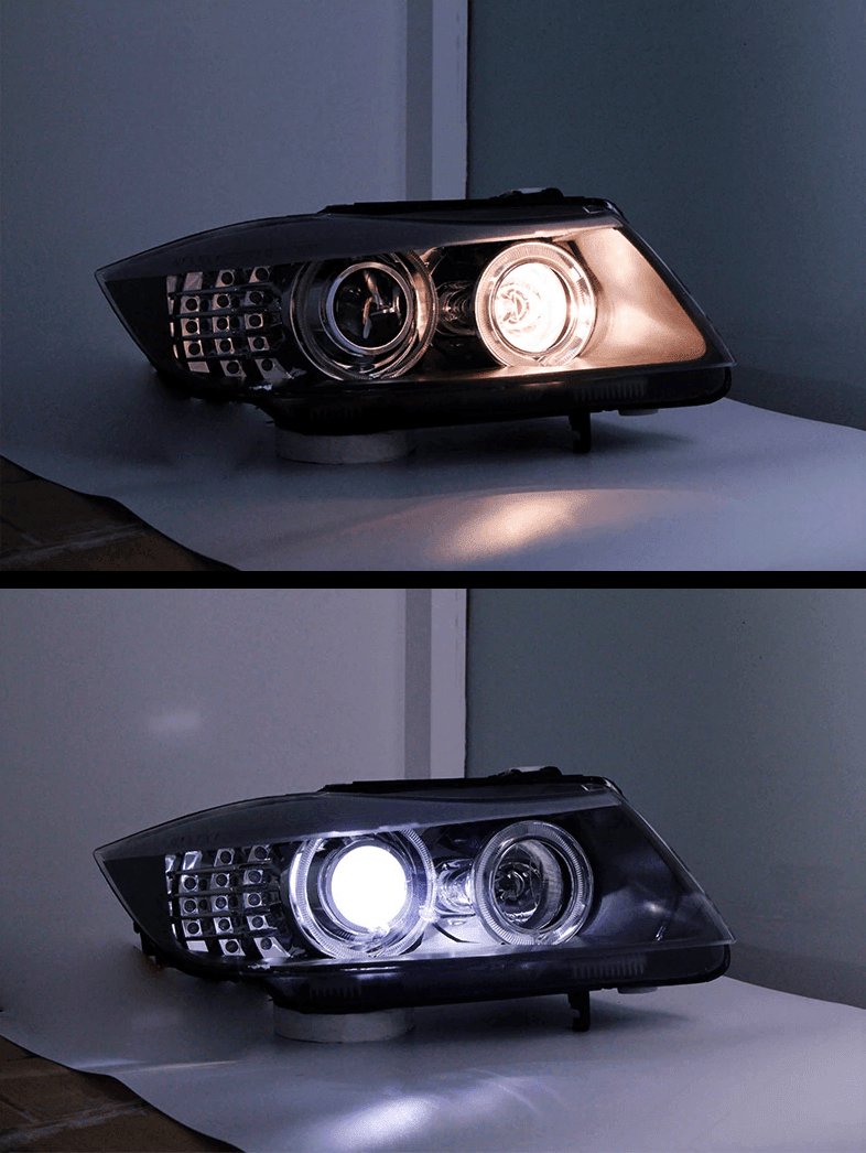 BMW 3 Series E90 OE style headlights by K2 Industries, 2005-2012, showing the front view with clear lens and modern design