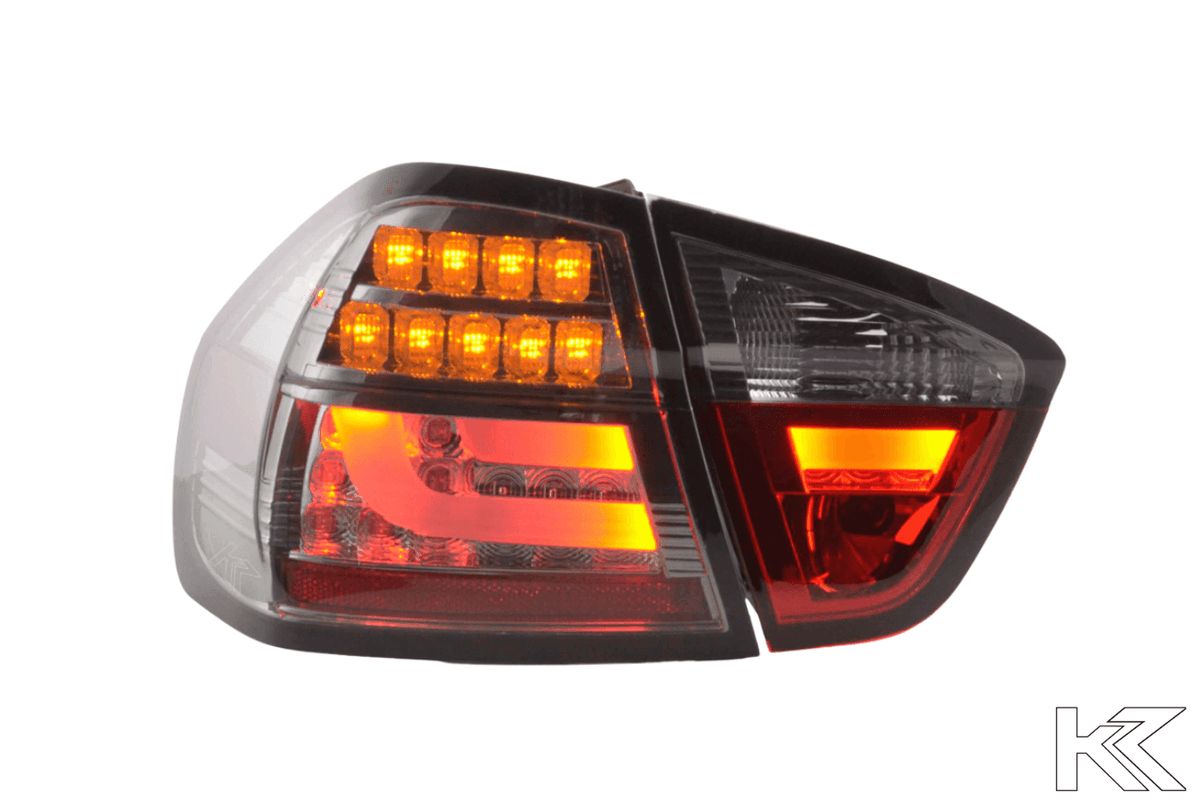 BMW 3-Series E90 sedan chrome and smoked LED bar taillights by K2 Industries, for 2005-2008 model.