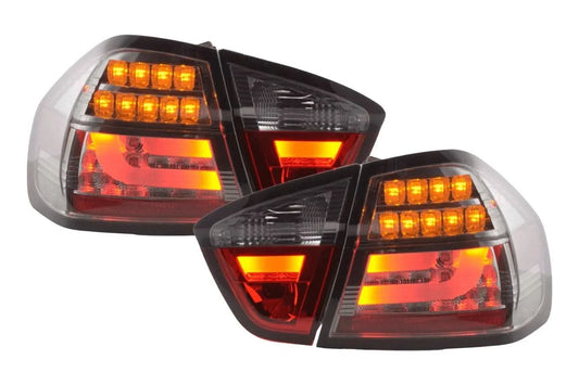 BMW 3-Series E90 sedan chrome and smoked LED bar tail lights by K2 Industries, 2005-2008 model, showing the sleek rear design.