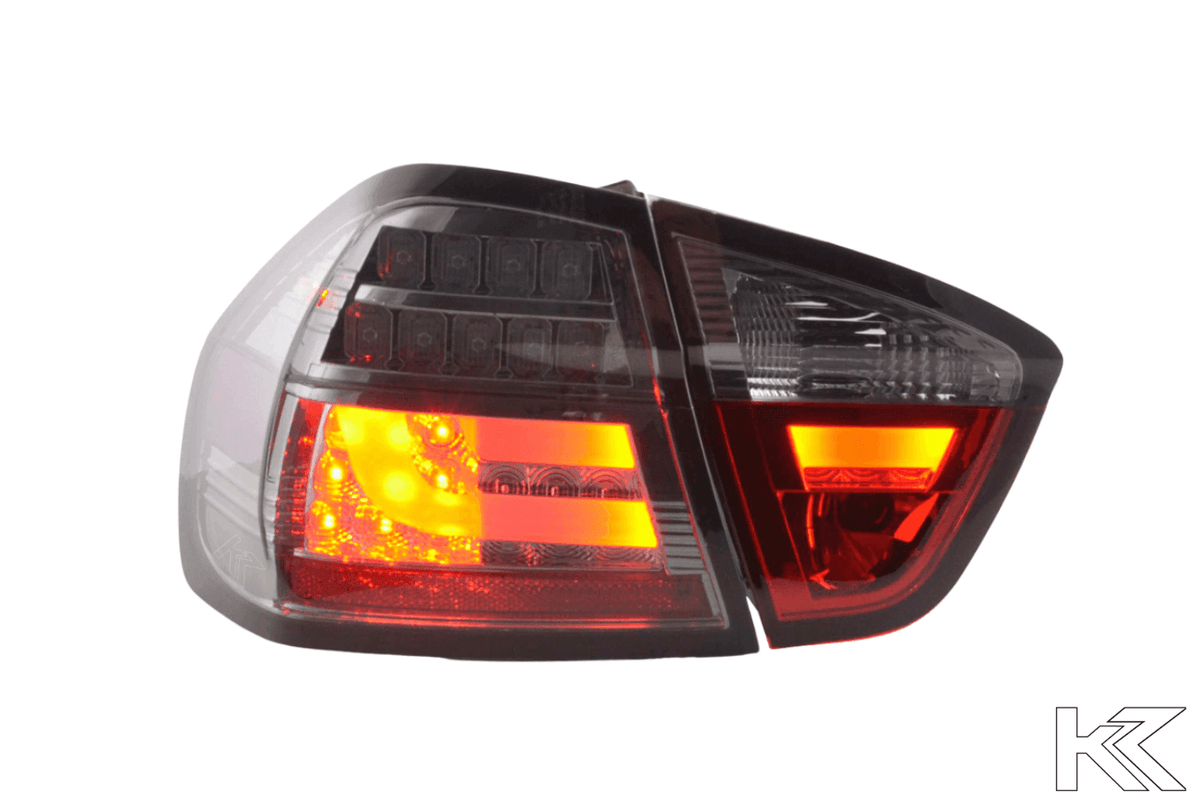 BMW 3-Series E90 sedan chrome and smoked LED bar tail lights by K2 Industries, 2005-2008.