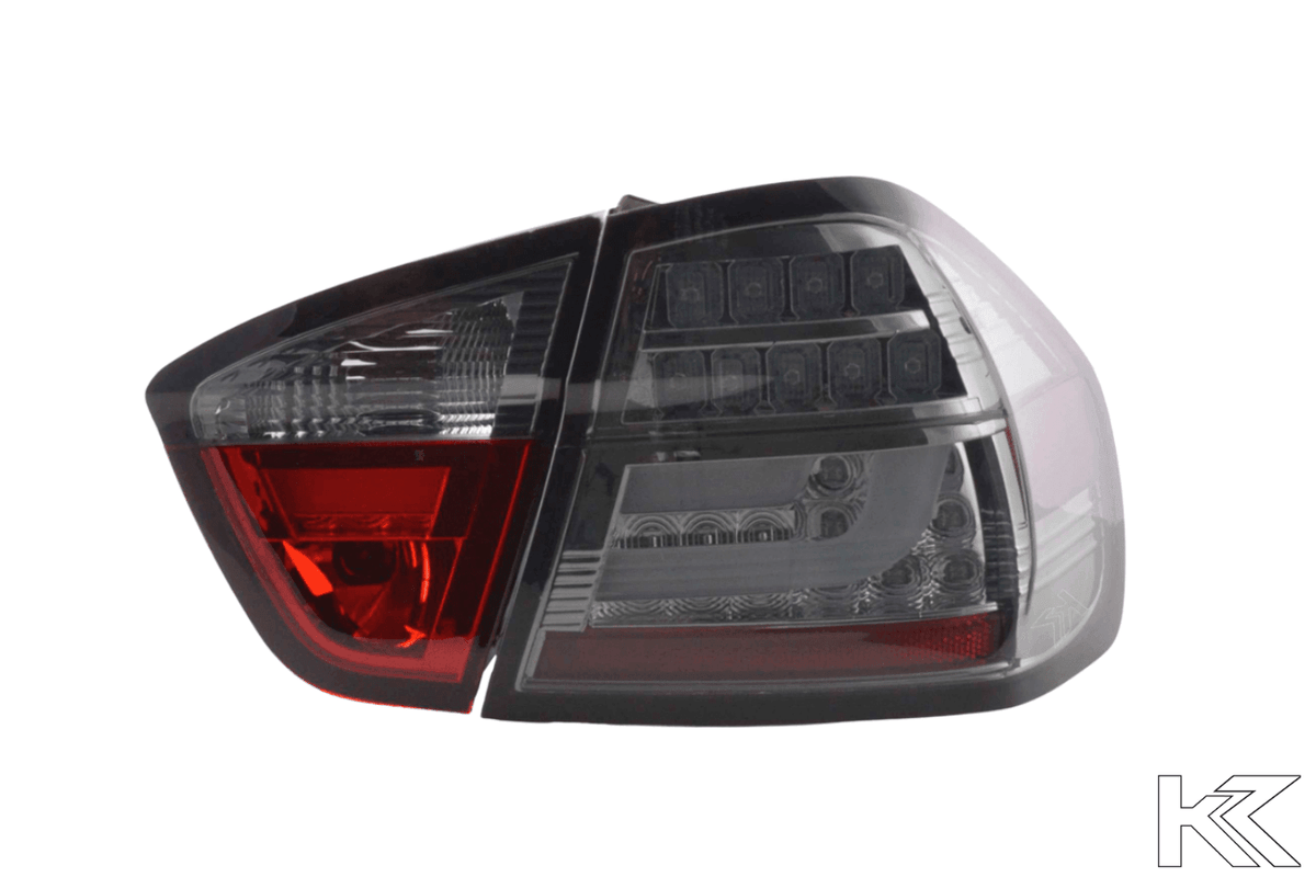 BMW 3-Series E90 sedan chrome and smoked LED bar tail lights by K2 Industries, 2005-2008 model with sleek design.