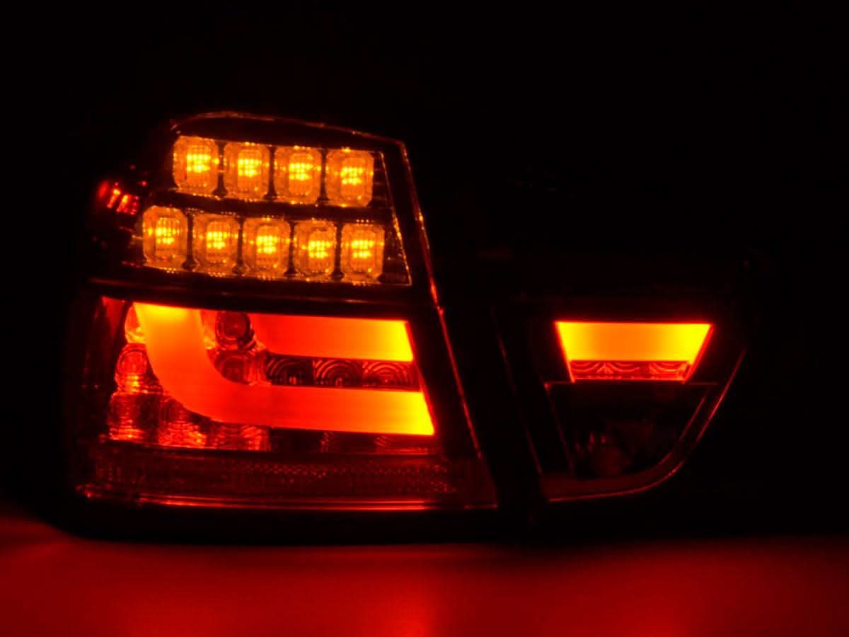 BMW 3-Series E90 sedan chrome and smoked LED bar tail lights by K2 Industries, 2005-2008 model with sleek design.