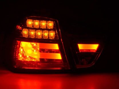 BMW 3-Series E90 sedan chrome and smoked LED bar tail lights by K2 Industries, for models 2005-2008.