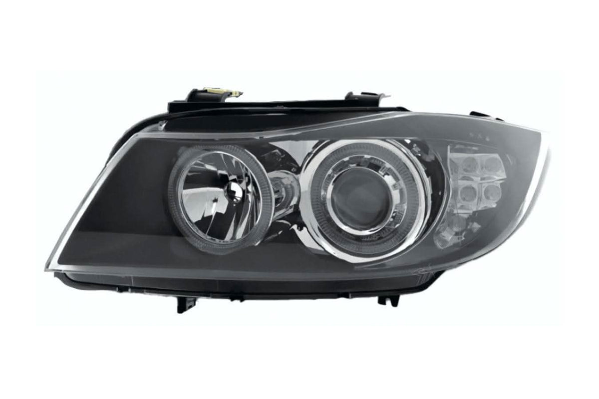 BMW 3-Series E90 Sedan and E91 Touring black angel eyes headlights by K2 Industries, 2005-2008, with clear lens and modern design.