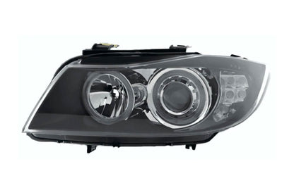 BMW 3-Series E90 Sedan and E91 Touring black angel eyes headlights by K2 Industries, 2005-2008, with clear lens and modern design.