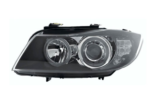 BMW 3-Series E90 Sedan and E91 Touring black angel eyes headlights by K2 Industries, 2005-2008, with clear lens and modern design.