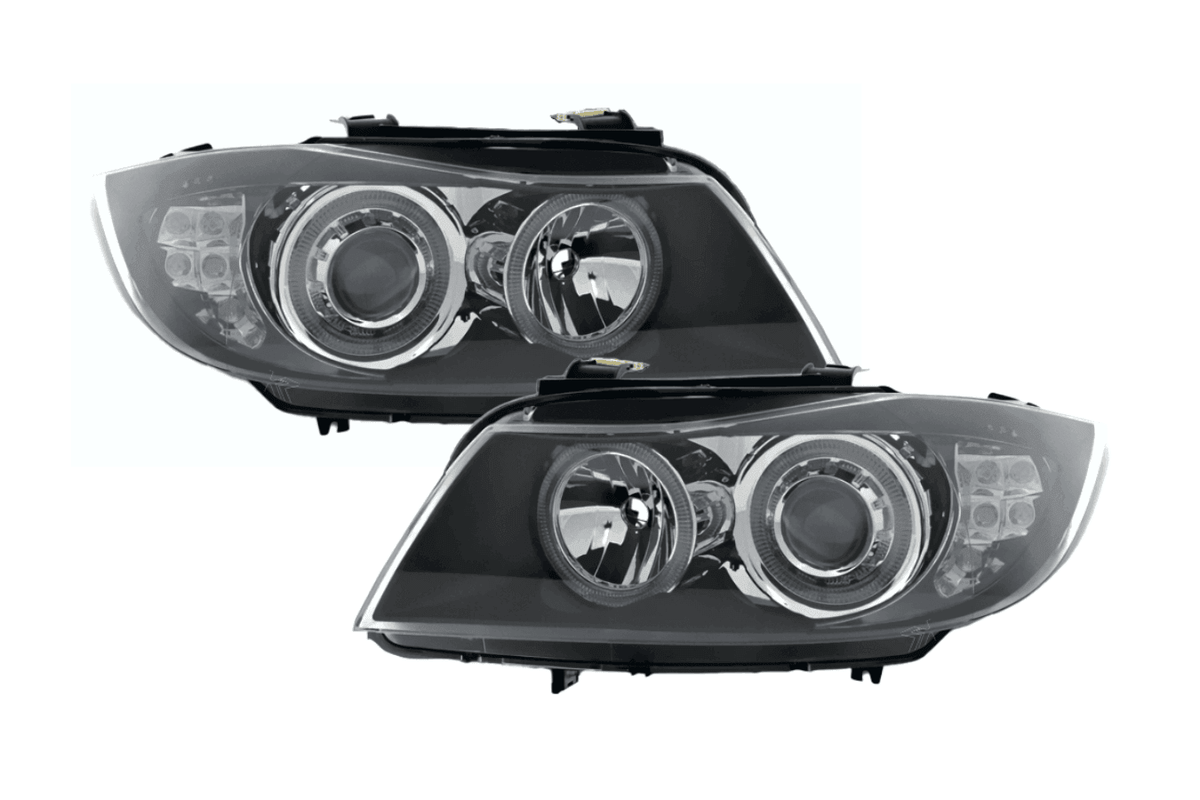 BMW 3-Series E90 Sedan and E91 Touring black angel eyes headlights by K2 Industries, 2005-2008, with sleek black housing and angel eye rings.