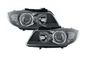 BMW 3-Series E90 Sedan and E91 Touring black angel eyes headlights by K2 Industries, 2005-2008, with sleek black housing and angel eye rings.