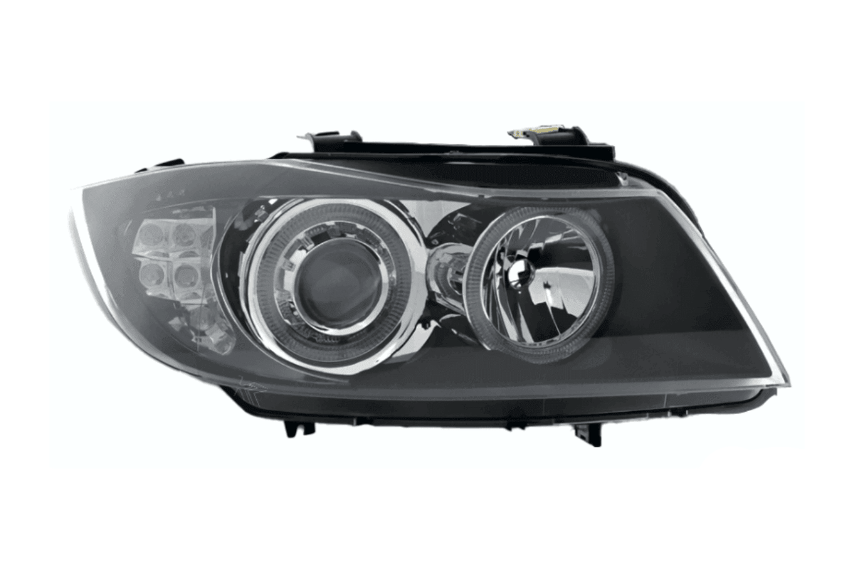 BMW 3-Series E90 Sedan and E91 Touring black angel eyes headlights by K2 Industries, 2005-2008, featuring sleek headlamp design