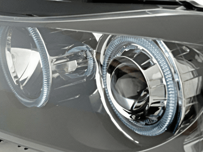 BMW 3-Series E90 Sedan and E91 Touring black angel eyes headlights by K2 Industries, for 2005-2008 models.