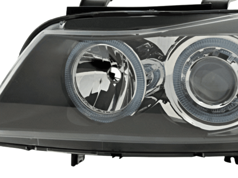 BMW 3-Series E90/E91 headlights with black angel eyes by K2 Industries, showing front view of the headlights for 2005-2008 models.