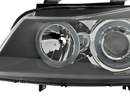 BMW 3-Series E90/E91 headlights with black angel eyes by K2 Industries, showing front view of the headlights for 2005-2008 models.