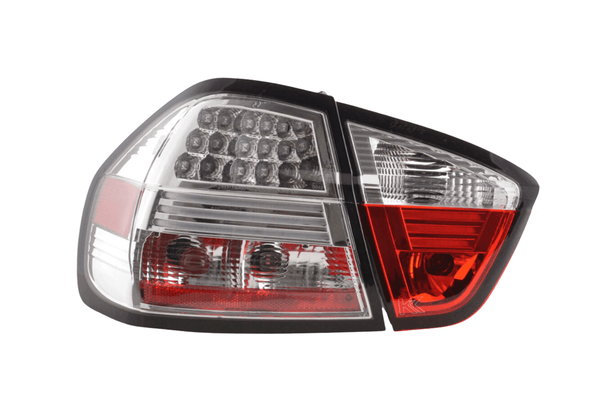BMW 3-Series E90 sedan chrome LED tail lights by K2 Industries, 2005-2008, featuring sleek design and bright LED illumination.