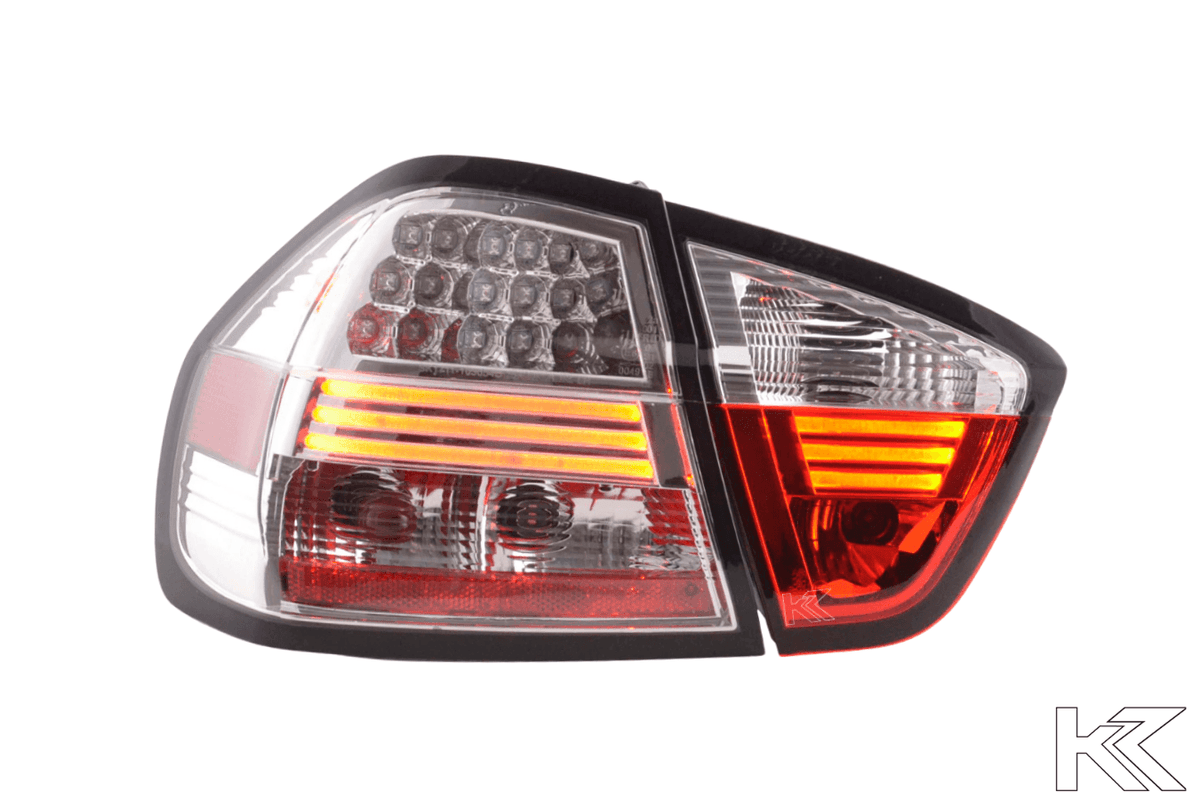 BMW 3-Series E90 Sedan OE Style Chrome LED Tail Lights by K2 Industries, for 2005-2008 model with chrome accents and LED design.