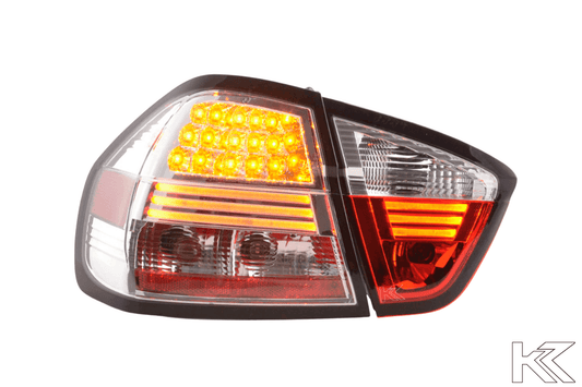 BMW 3-Series E90 Sedan OE style chrome LED taillights by K2 Industries, for 2005-2008 model with sleek chrome finish and LED lighting.