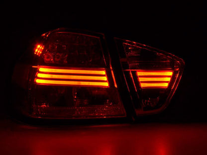 BMW 3-Series E90 sedan tail lights with chrome LED design by K2 Industries, OE style for 2005-2008 models.