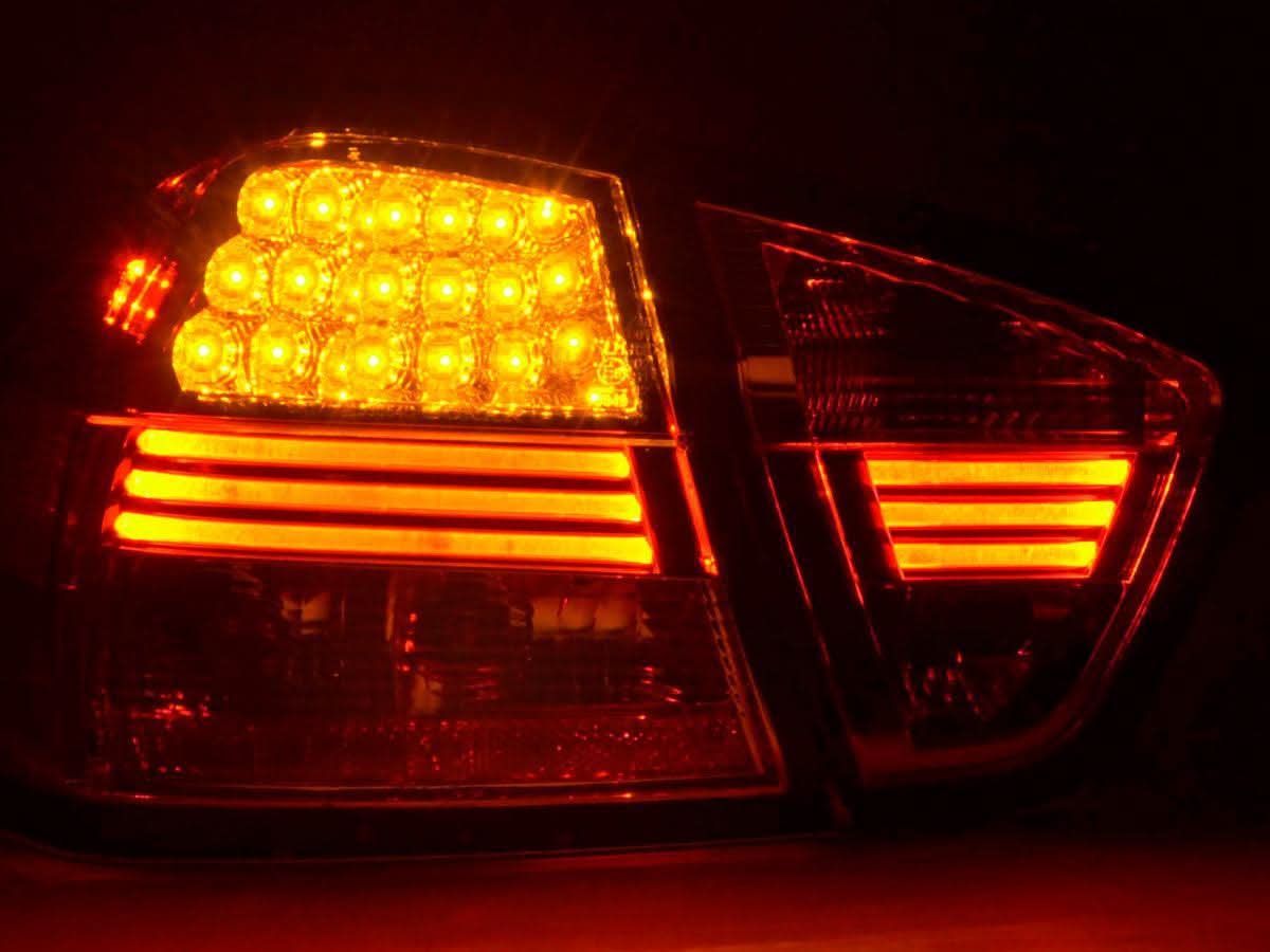 BMW 3-Series E90 sedan chrome LED tail lights by K2 Industries, 2005-2008, showing sleek chrome finish and LED light design.