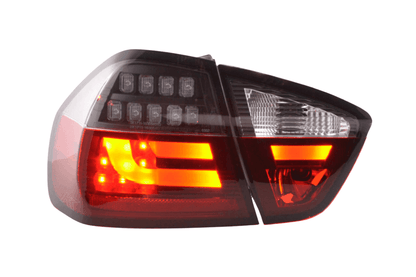BMW 3-Series E90 sedan LED taillights in red and black by K2 Industries, compatible with 2005-2008 models.