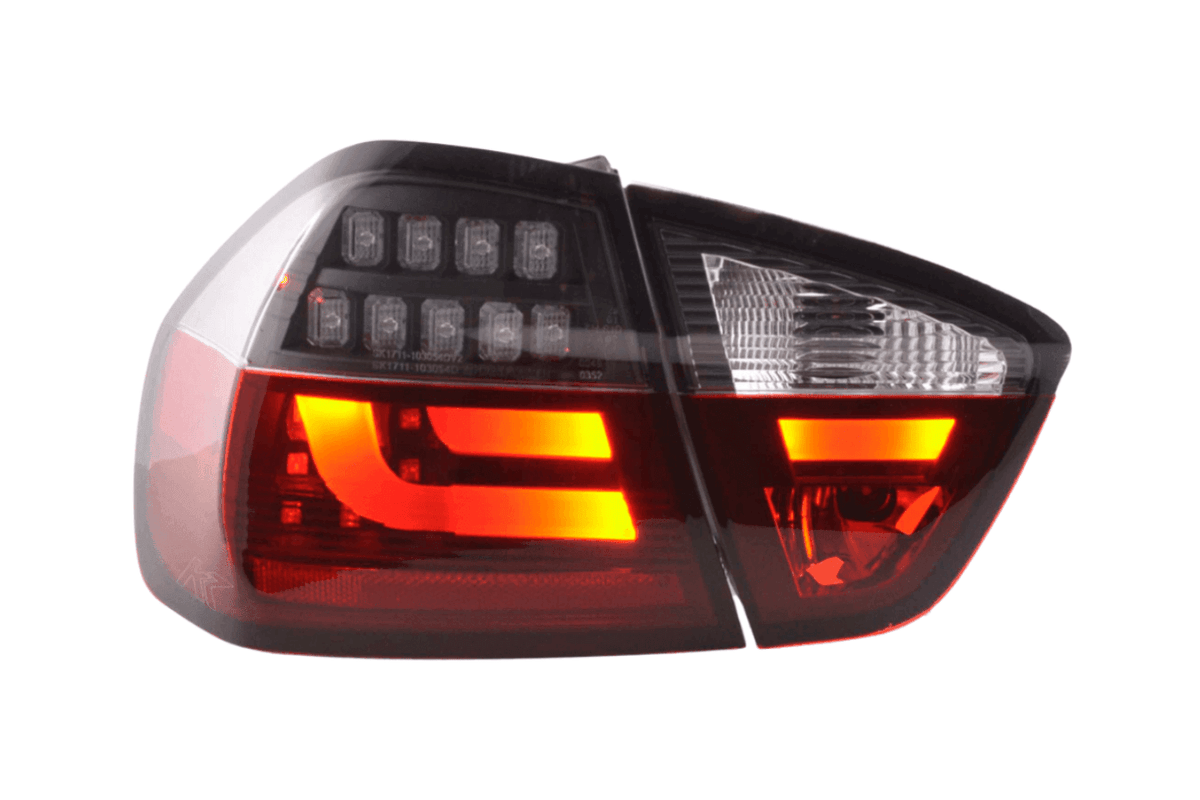 BMW 3-Series E90 sedan LED taillights in red and black by K2 Industries, designed for 2005-2008 models.