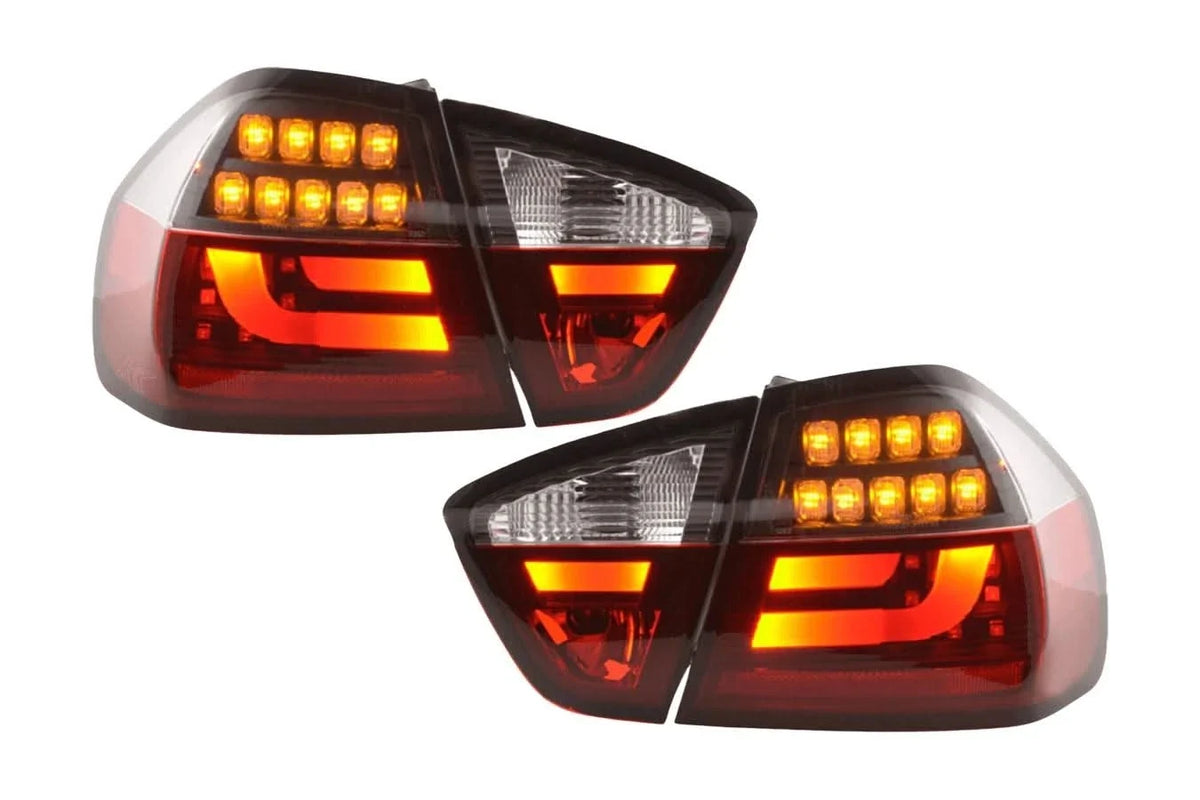 BMW 3-Series E90 sedan red and black LED taillights by K2 Industries, for models 2005-2008, showing close-up of tail light design.