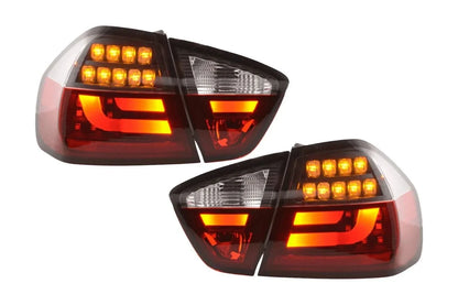 BMW 3-Series E90 sedan red and black LED taillights by K2 Industries, for models 2005-2008, showing close-up of tail light design.