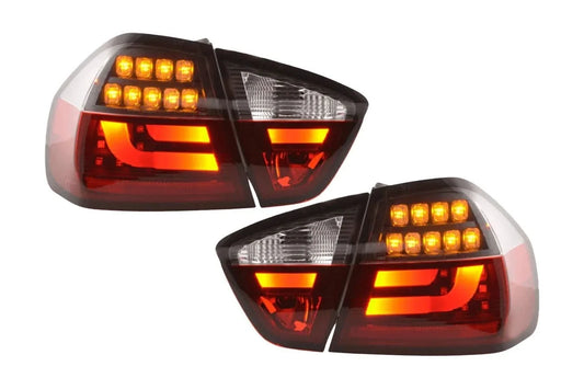 BMW 3-Series E90 sedan red and black LED taillights by K2 Industries, for models 2005-2008, showing close-up of tail light design.