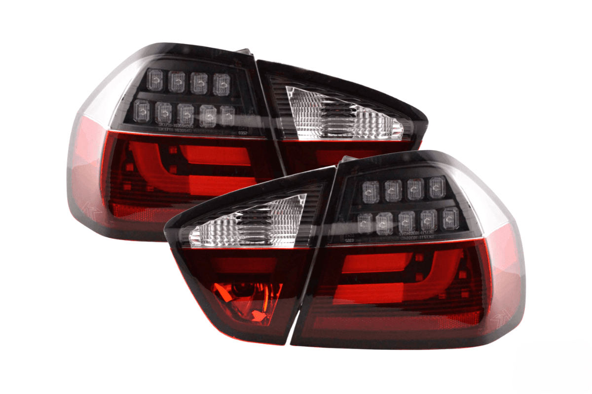 BMW 3-Series E90 sedan red and black LED taillights by K2 Industries, for 2005-2008 models, showing sleek tail light design