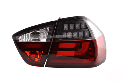 BMW 3-Series E90 sedan LED taillights in red and black by K2 Industries, for models 2005-2008, showing the tail light assembly.