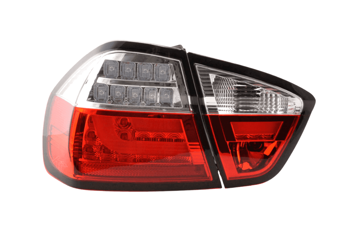 BMW 3-Series E90 sedan tail lights with red and clear LED bar design by K2 Industries, for models 2005-2008.