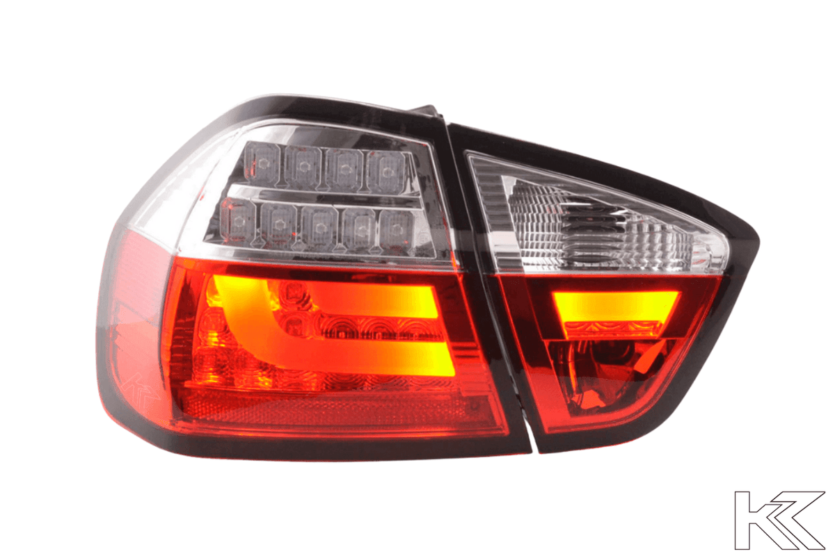 BMW 3-Series E90 sedan tail lights with red and clear LED bar design by K2 Industries, for model years 2005-2008.