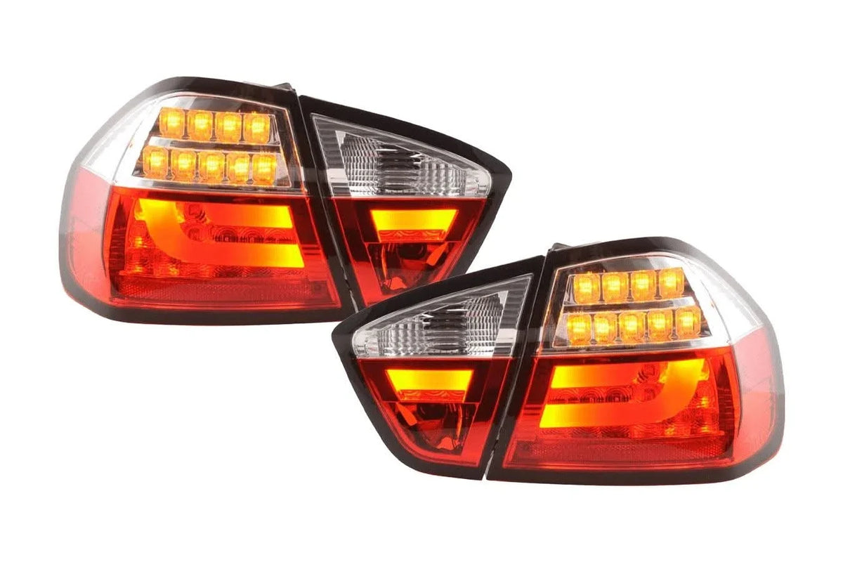 BMW 3-Series E90 sedan tail lights with red and clear LED bar design by K2 Industries, for 2005-2008 models.